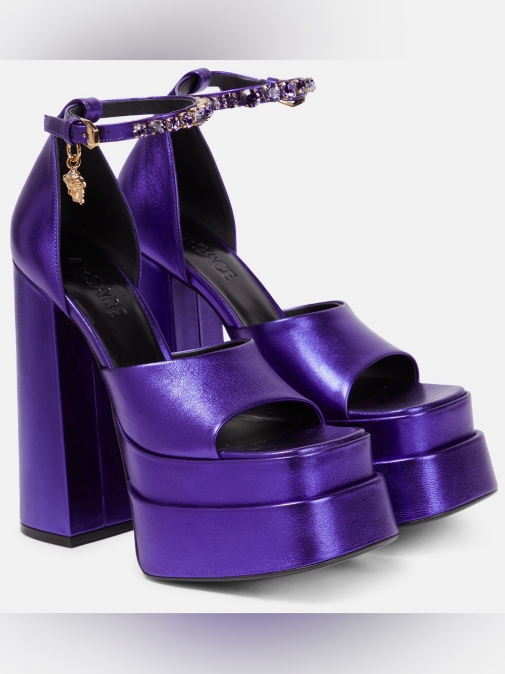 Versace Aevitas dark orchid nappa double platform with jeweled ankle strap, 38